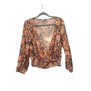 American Eagle Blouse Womens Size M Floral Multicolor Wrap Front Long Sleeve